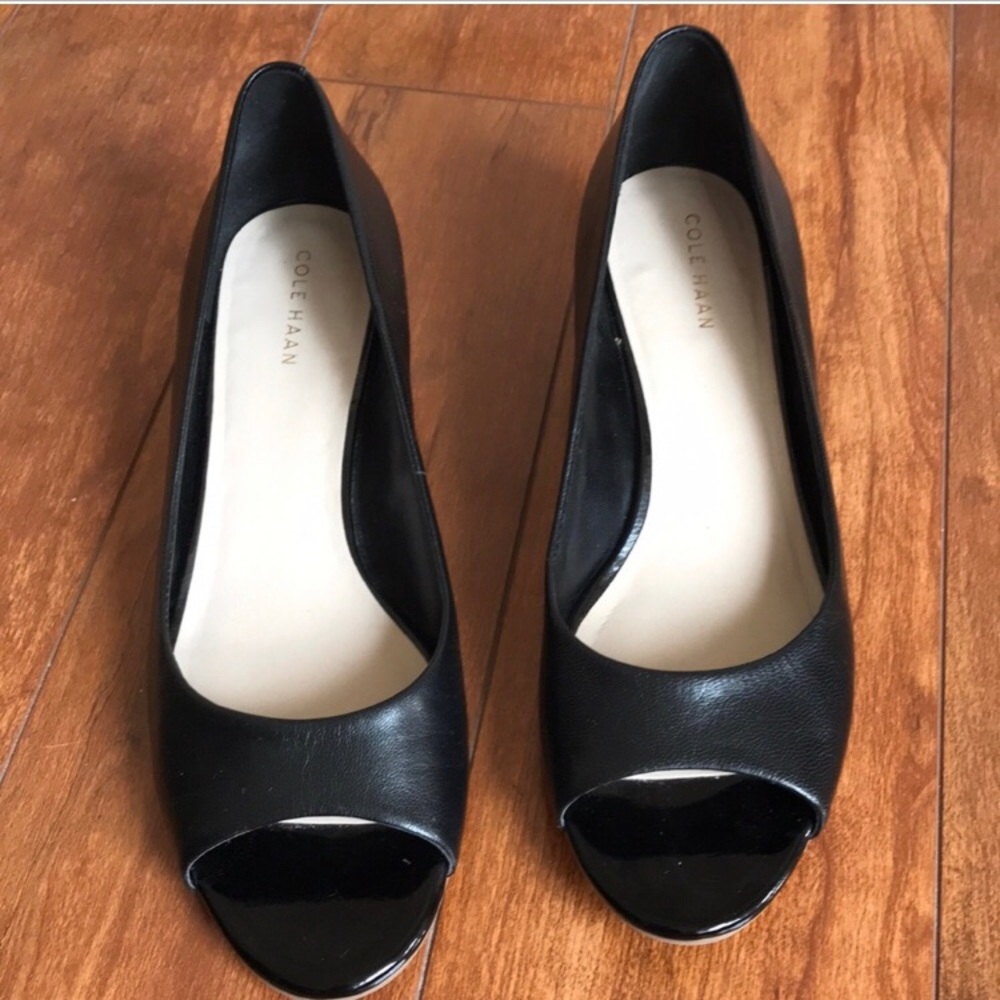 Cole Haan black peep toe wedges